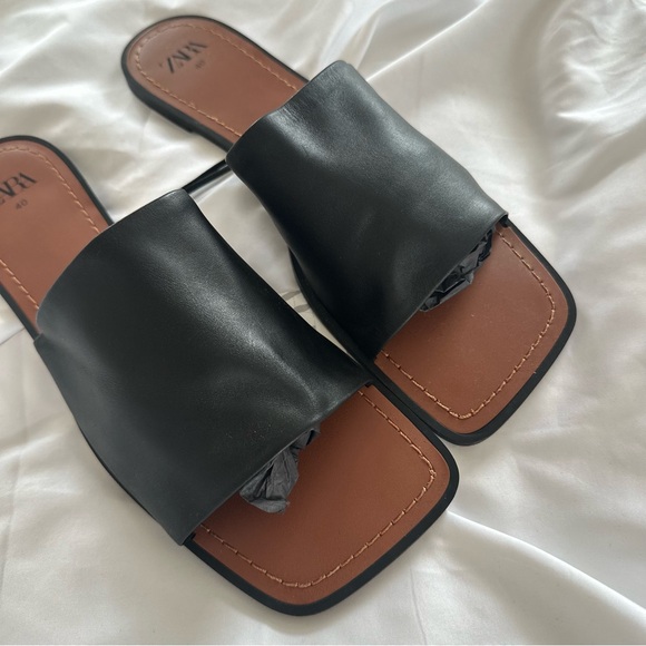 Zara Women's Black Leather Slide Sandals - Picture 5 of 7